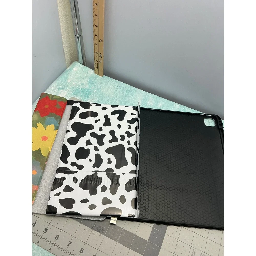 Black Cat Floral Tablet Case with Detachable Bluetooth Keyboard Cow Print Sleeve